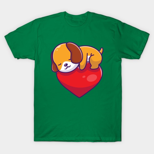 Cute Dog Sleeping On Heart Cartoon T-Shirt by Catalyst Labs